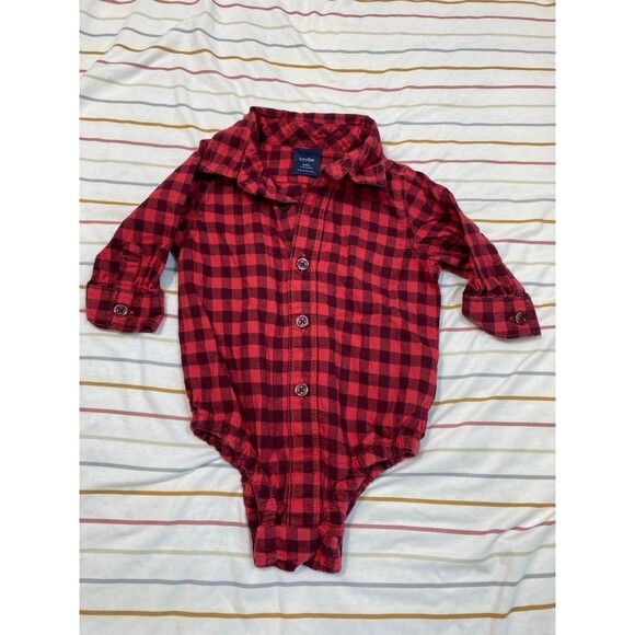 Baby Gap Red Buffalo Plaid Cotton Button-Up Bodysuit – Size 3–6M - Picture 1 of 4